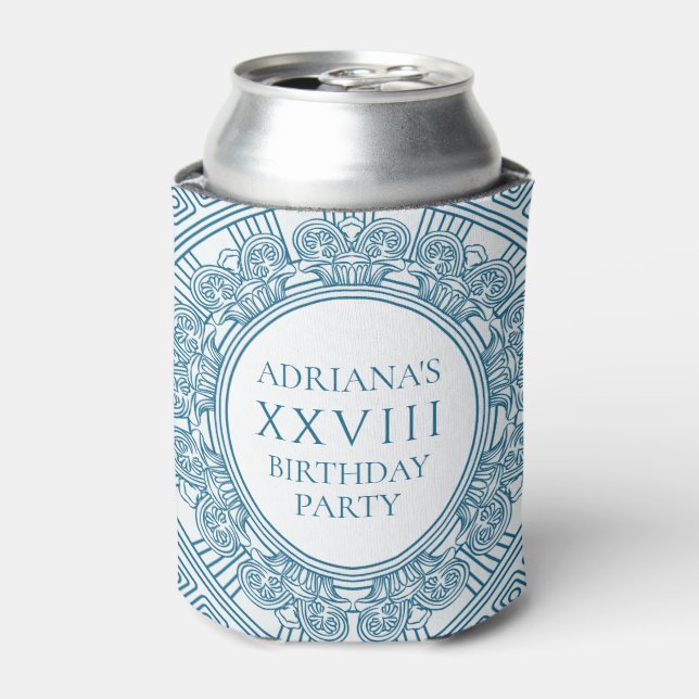 Greek toga party theme with blue pattern can cooler (Can Front)