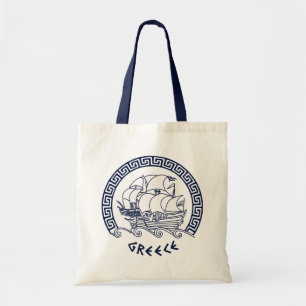 Greek Traditional Ship Motif Inside a Meander Tote Bag