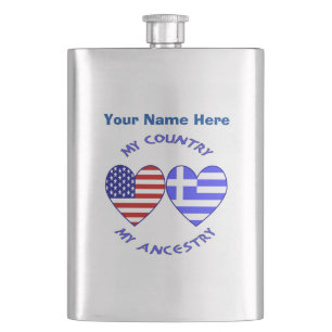 Greek USA Hearts Country Ancestry Personalised Hip Flask
