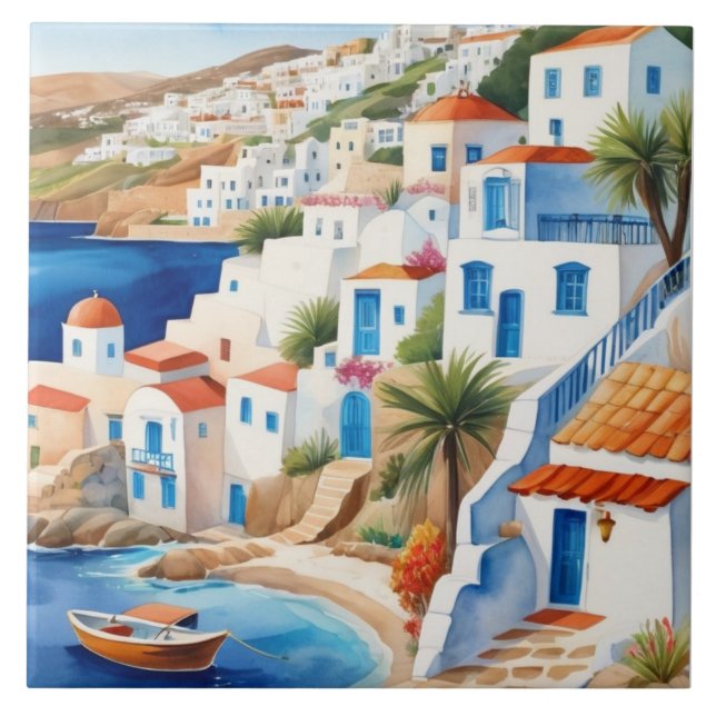 Greek Village by the Sea, Greece Travel Souvenir Tile (Front)