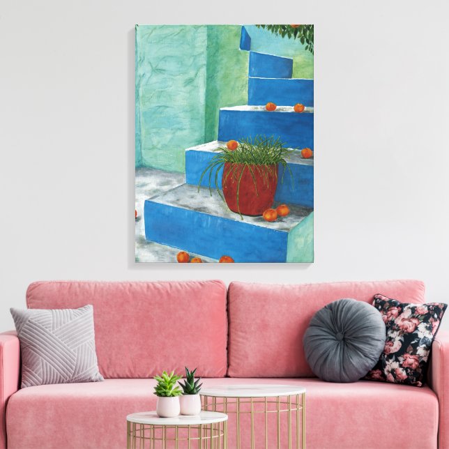 Greek Watercolor Painting Stairs Oranges Canvas Print (Insitu(LivingRoom))
