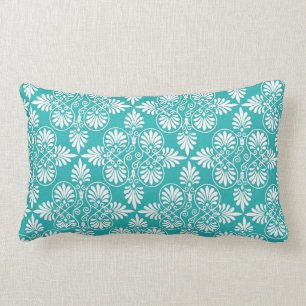 Greek White Teal Pattern Ancient Decorative Accent Lumbar Cushion