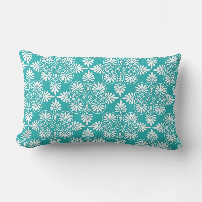 Greek White Teal Pattern Ancient Decorative Accent Lumbar Cushion (Front)