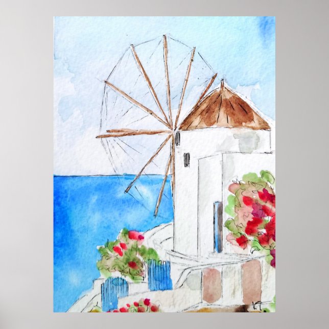 Greek windmill ink and watercolor  poster (Front)