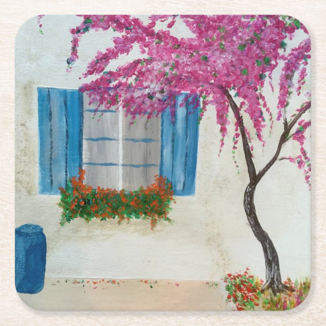 Greek window   square paper coaster (Front)
