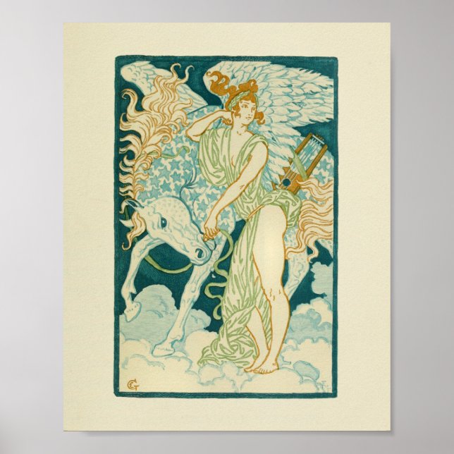 Greek Woman Lyre Horse Blue Stars Print (Front)