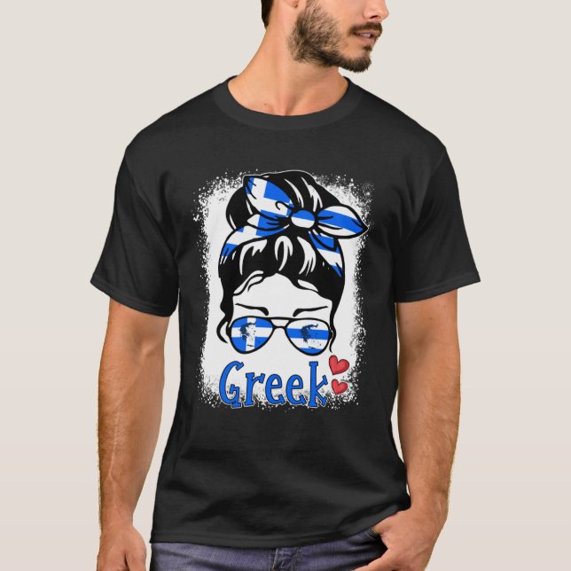 Greek Woman Messy Bun Glasses Greece Girl Flag Pat T-Shirt (Front)