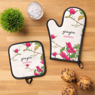 Greek Yiayia Greek Grandmother Bougainvillea Oven Mitt & Pot Holder Set