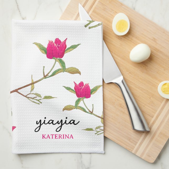 Greek Yiayia Greek Grandmother Bougainvillea Tea Towel (Quarter Fold)