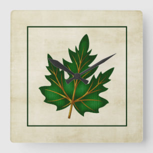 Green 1 Leaf Fall Season Themed Square Clock