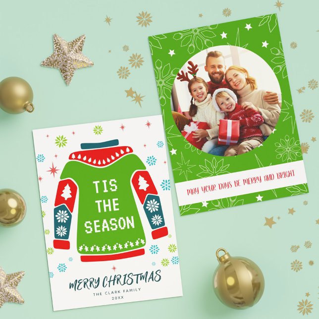 Green 1 Photo Family Ugly Sweater Tis the Season Holiday Card (Green 1 Photo Family Ugly Sweater Tis the Season Holiday Card)