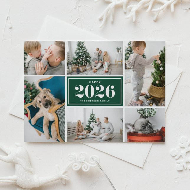 Green 2025 Happy New Year Photo Collage Holiday Card (Send 2026 new year cheer with this customizable green photo collage Happy New Year Card. )