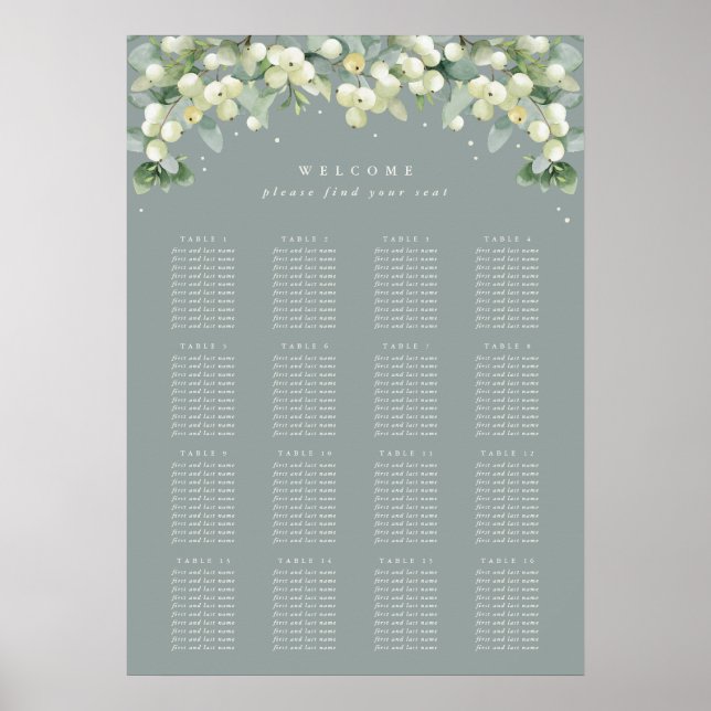 Green 20x28" 16 Tables of 10 Seating Chart Poster (Front)