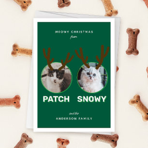 Green 2 Pet Photo Meowy Christmas Holiday Card