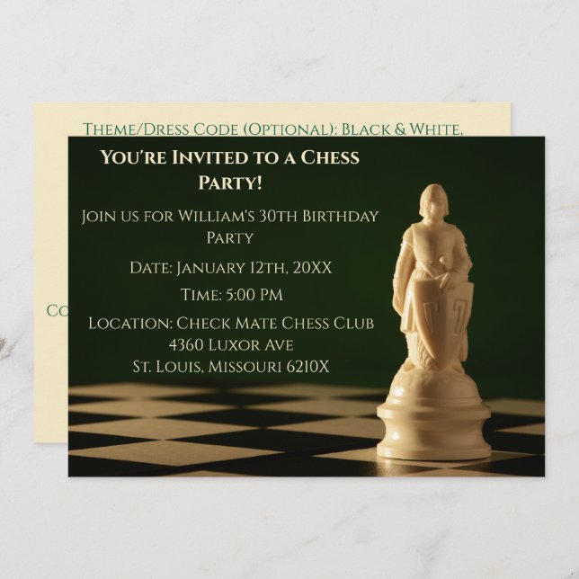 Green 30th Birthday Party Chess Pawn  Invitation (Front/Back)