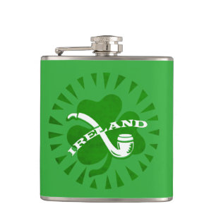 Green 3 Leaf Shamrock Pipe And Irland Text Hip Flask