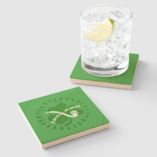 Green 3 Leaf Shamrock Pipe And Irland Text Stone Coaster