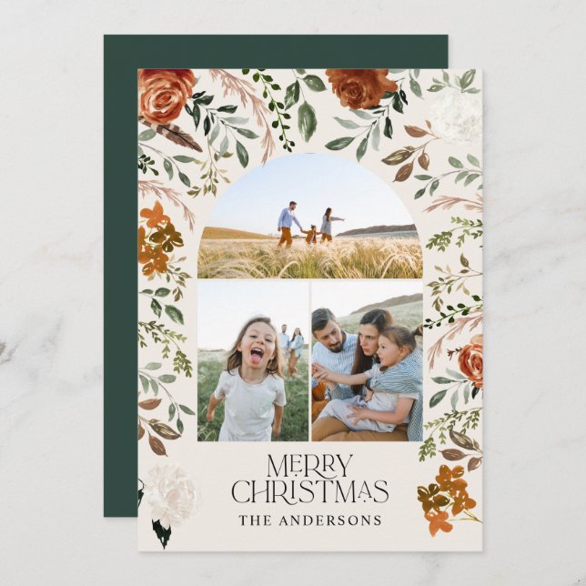 Green 3 photo botanical elegant rustic arch holiday card (Front/Back)