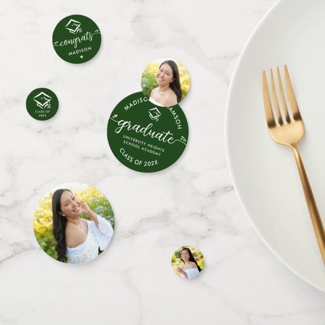 Green 3 Photo Graduation Modern Script Hearts Cap Confetti (Group)