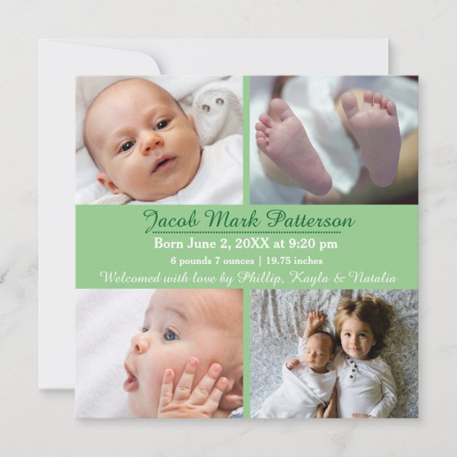 Green 4 Photos - Birth Announcement (Front)