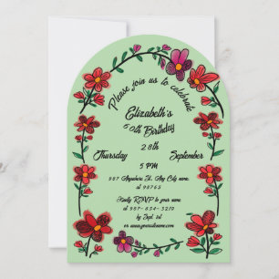 Green 60th Birthday Party Whimsical Doodle Flowers Invitation