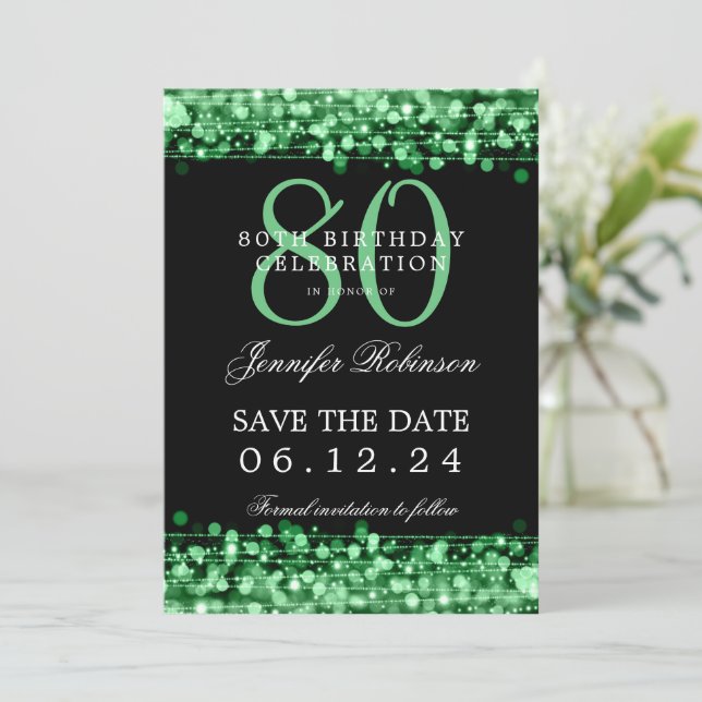 Green 80th Birthday Save the Date w/ Details Invitation (Standing Front)