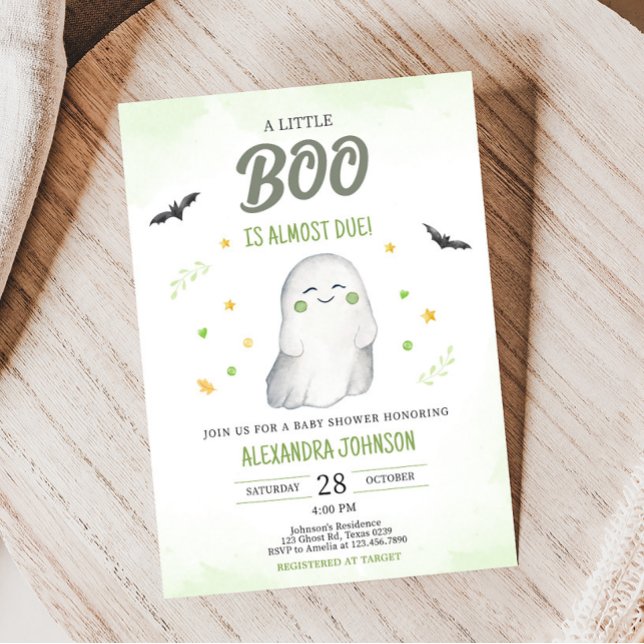 Green A Little Boo Baby Shower Invitation (Green Ghost Halloween Baby Shower Invitation)