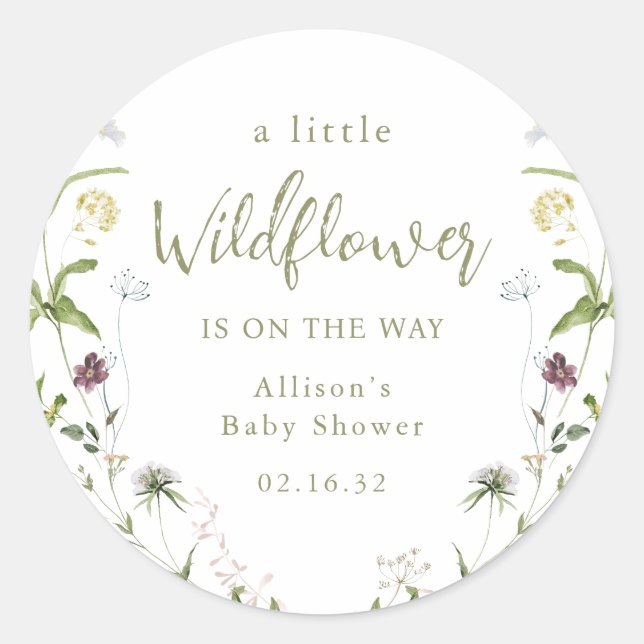 Green A Little Wildflower Rustic Boho Baby Shower  Classic Round Sticker (Front)