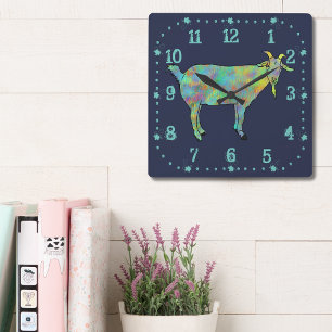 Green Abstract Art Goat Colourful Animal Design Square Wall Clock