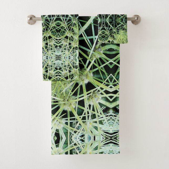 Green Abstract Cactus Pattern Bath Towels (Insitu)