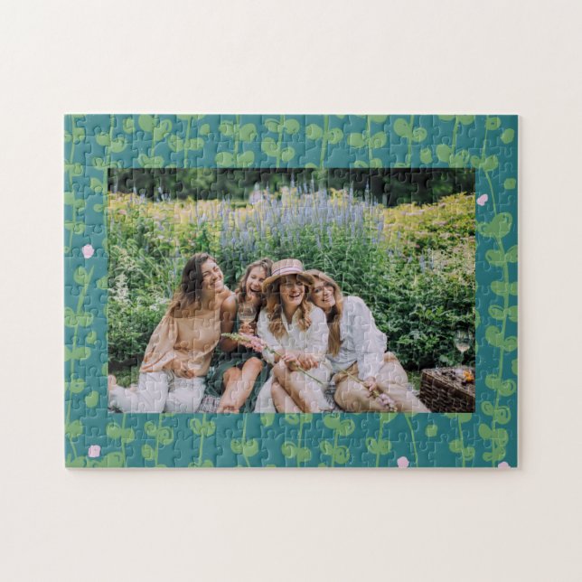 Green Abstract Floral Vines Pattern Custom Photo Jigsaw Puzzle (Horizontal)
