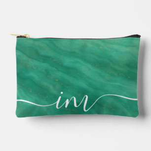 Green Abstract Marble with Custom Initials - Accessory Pouch
