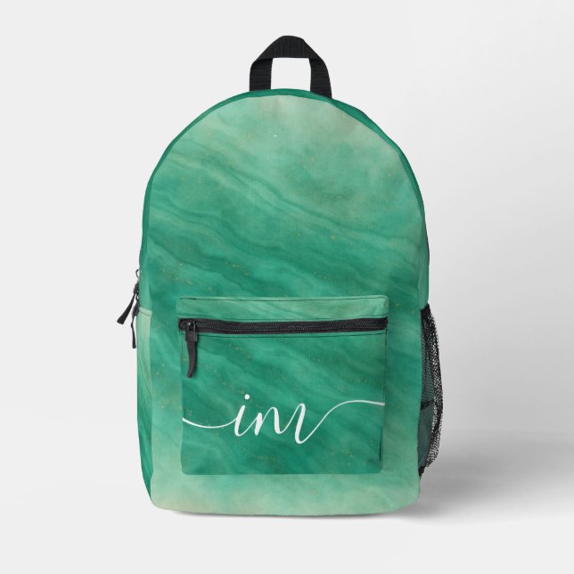 Green Abstract Marble with Custom Initials -  Printed Backpack (Front)