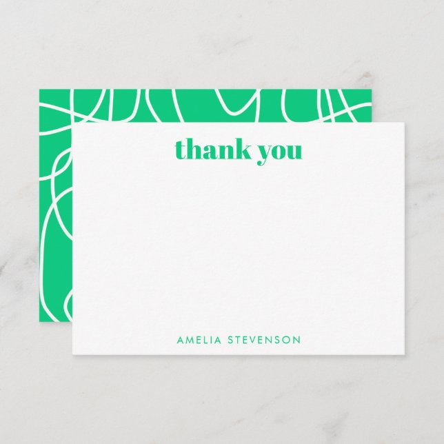Green Abstract Modern Line Art Personalised Name Thank You Card (Front/Back)