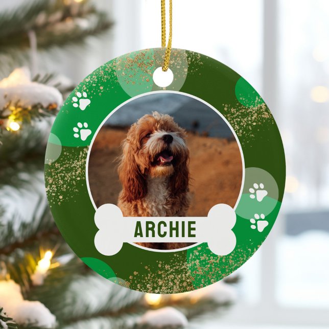 Green Abstract Paw Print Pet Photo Ceramic Tree Decoration (Creator Uploaded)