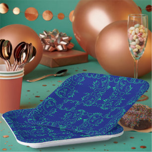 Green abstract vines blue pattern paper plate