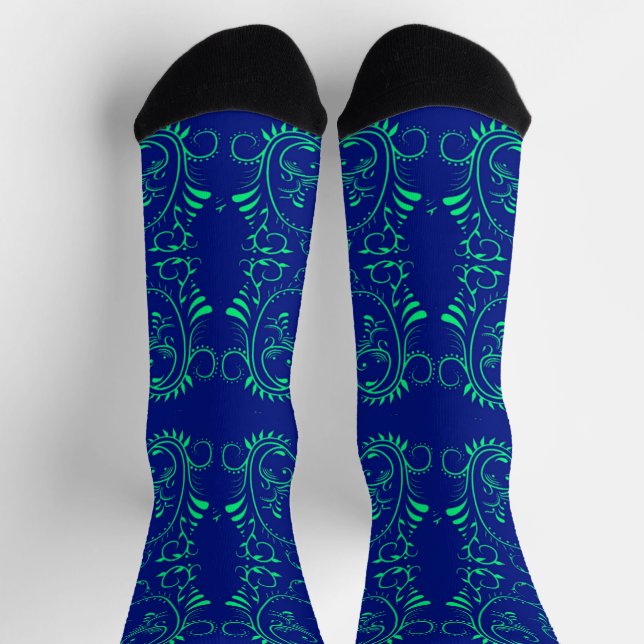 Green abstract vines blue pattern socks (Top)