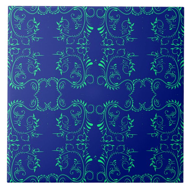 Green abstract vines blue pattern tile (Front)