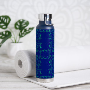 Green abstract vines blue pattern water bottle