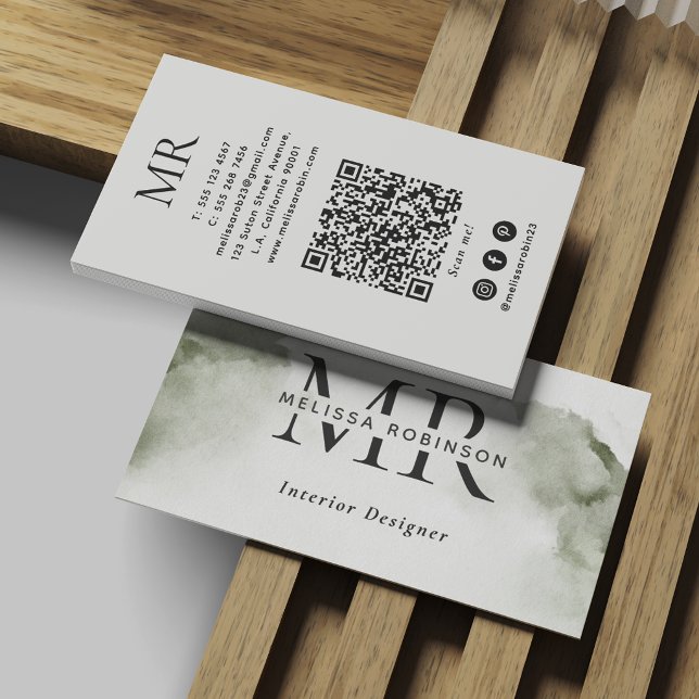 Green Abstract Watercolor with Monogram & QR Code Business Card (Creator Uploaded)
