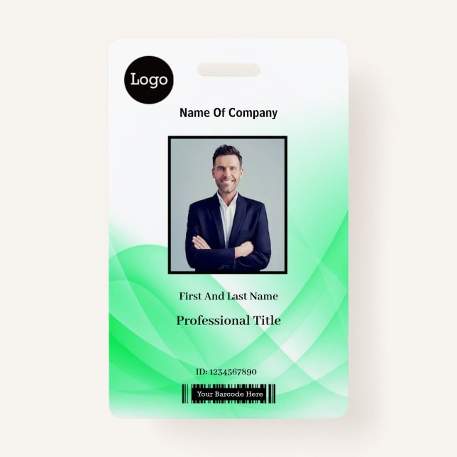 Green Abstract Wave Business Photo ID ID Badge (Front)