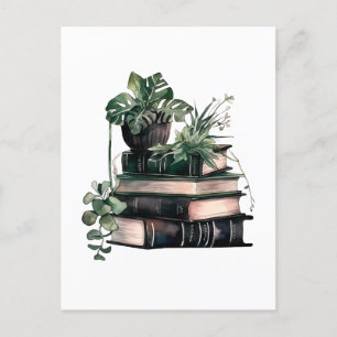 Green academia books and plants postcard
