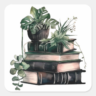 Green academia books and plants square sticker