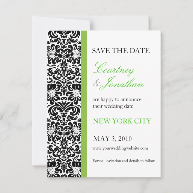 Green Accented Damask Save The Date Invitation (Front)
