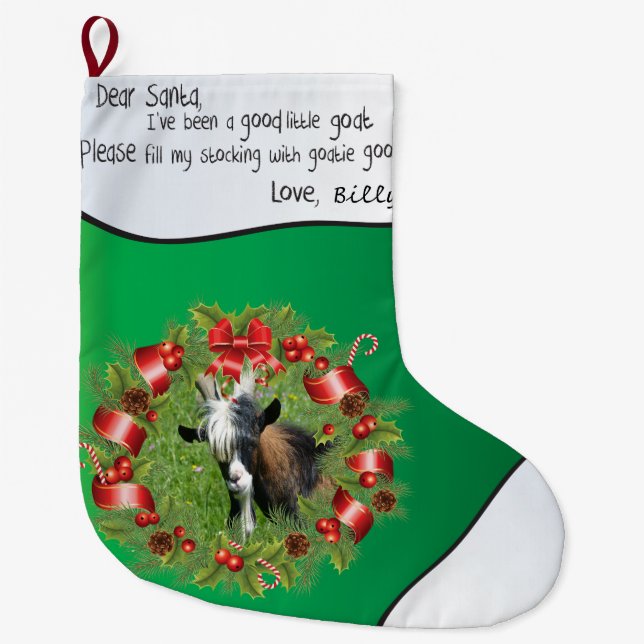 Green ADD YOUR GOAT Photo - Name Dear Santa Wreath Large Christmas Stocking (Front)