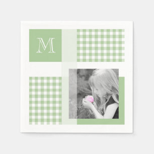 Green Add Your Photo Gingham Modern Monogram Napkin