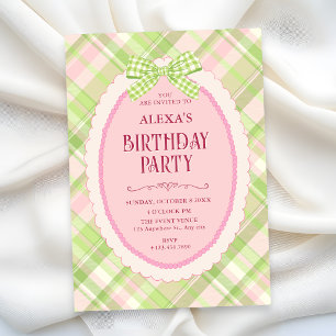 Green adorable gingham bow birthday invitation