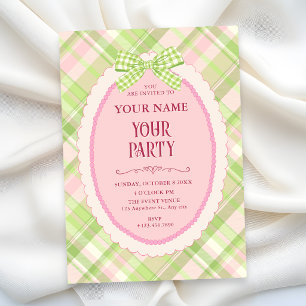 Green adorable gingham bow invitation