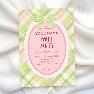 Green adorable gingham bow invitation