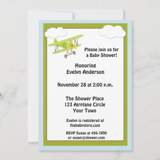 Green Aeroplane Baby Shower Invitation (Front)
